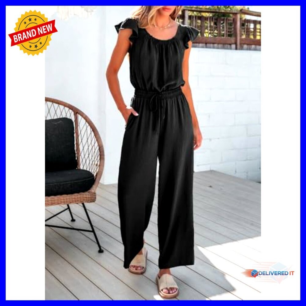Summer Ruffle Sleeve Square Neck Jumpsuit Drawstring Waist Wide Leg Pockets - Picture 3 of 7